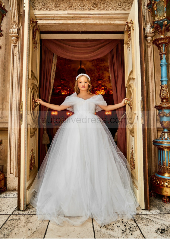 Cold Shoulder Beaded Ivory Tulle V Back Princess Flower Girl Dress Cold Shoulder Beaded Ivory Tulle V Back Princess Flower Girl Dress